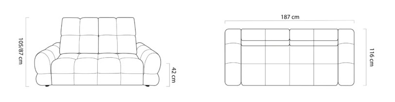 Rozmerový nákres pohovky Belluga 2 Sofa – šírka 187 cm, hĺbka 116 cm, výška 87/105 cm, výška sedu 42 cm